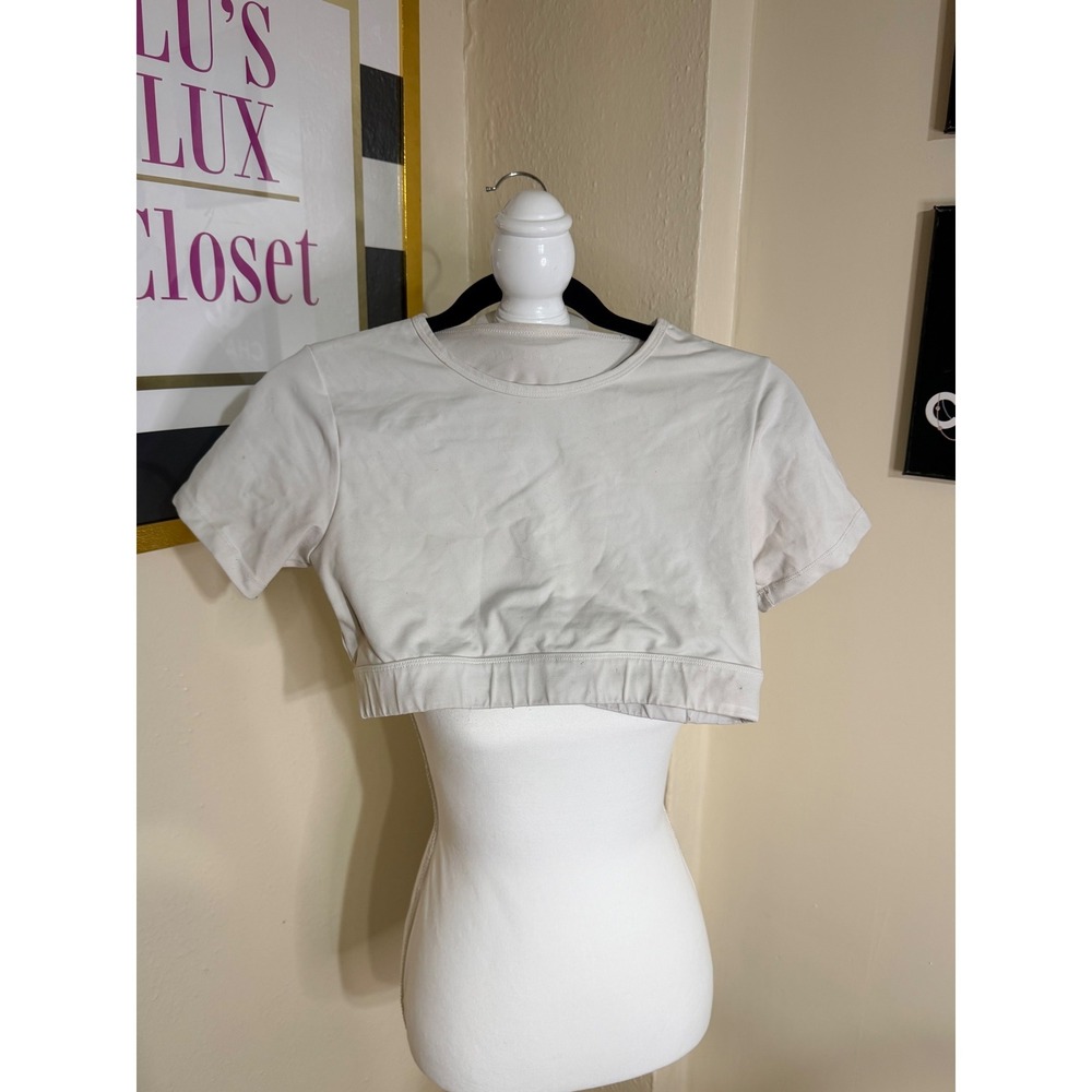 NVGTN Womens Open Back Crop Top‎ Cream Short Sleeve Built In Bra Large L